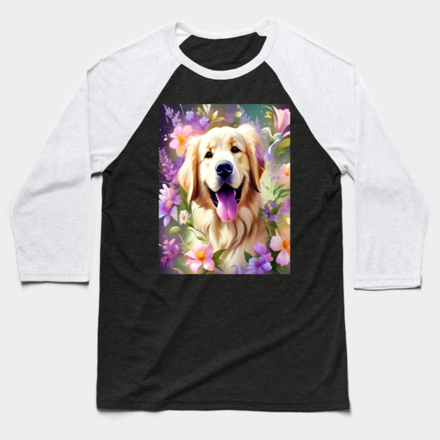 Cute Golden Retriever Surrounded by Beautiful Flowers Baseball T-Shirt by BirdsnStuff