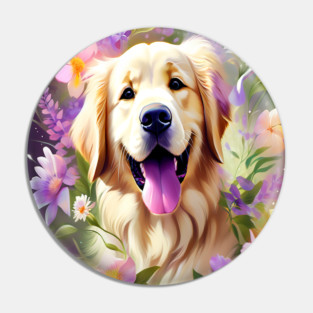 Cute Golden Retriever Surrounded by Beautiful Flowers Pin