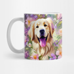 Cute Golden Retriever Surrounded by Beautiful Flowers Mug