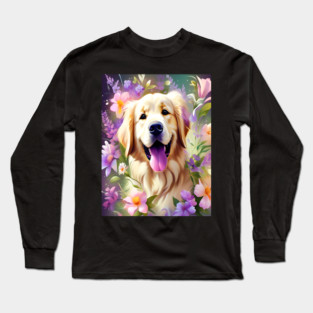 Cute Golden Retriever Surrounded by Beautiful Flowers Long Sleeve T-Shirt