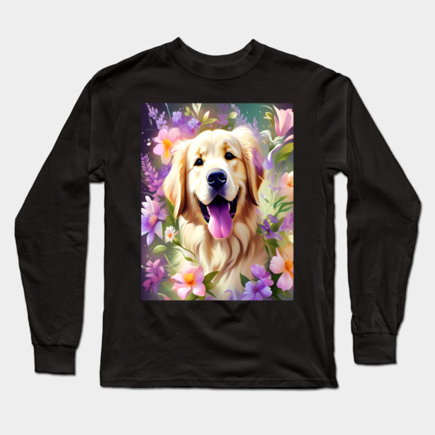 Cute Golden Retriever Surrounded by Beautiful Flowers Long Sleeve T-Shirt by BirdsnStuff