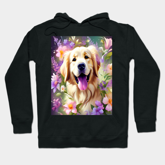 Cute Golden Retriever Surrounded by Beautiful Flowers Hoodie by BirdsnStuff