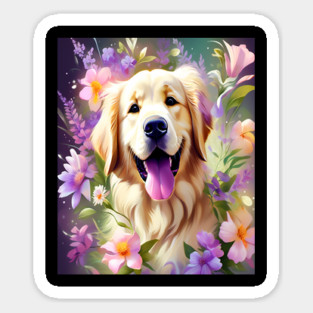 Cute Golden Retriever Surrounded by Beautiful Flowers Sticker