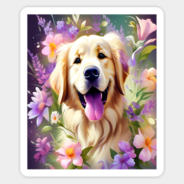 Cute Golden Retriever Surrounded by Beautiful Flowers Magnet by BirdsnStuff
