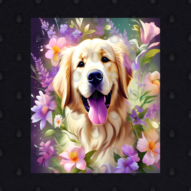 Cute Golden Retriever Surrounded by Beautiful Flowers by BirdsnStuff