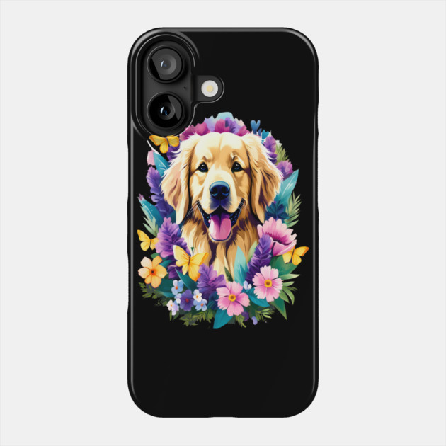 Cute Golden Retriever Surrounded by Beautiful Flowers Phone Case by BirdsnStuff
