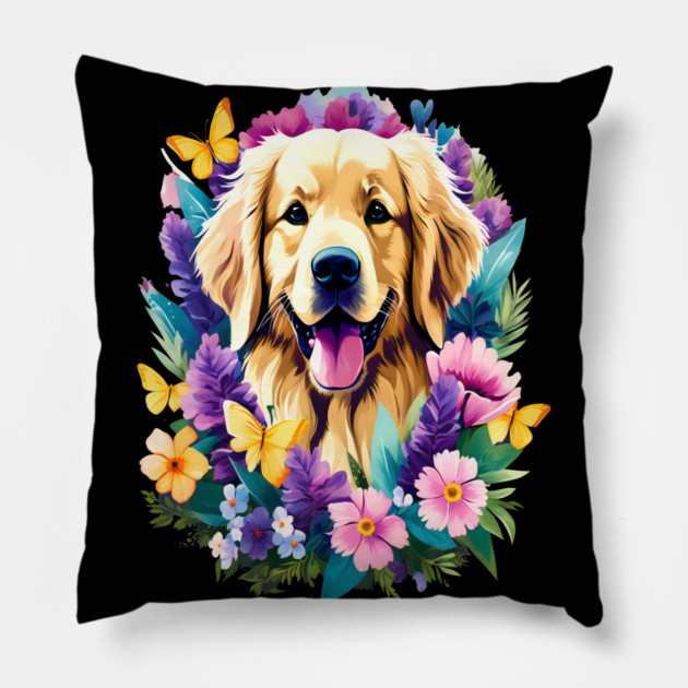 Cute Golden Retriever Surrounded by Beautiful Flowers Pillow by BirdsnStuff