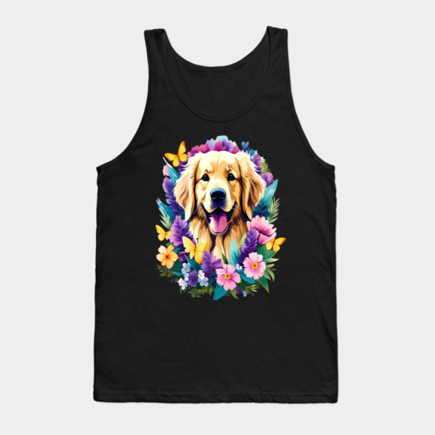 Cute Golden Retriever Surrounded by Beautiful Flowers Tank Top by BirdsnStuff