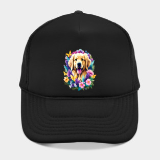 Cute Golden Retriever Surrounded by Beautiful Flowers Hat