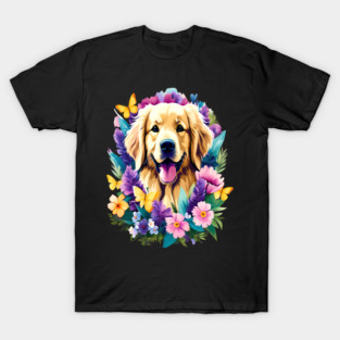 Cute Golden Retriever Surrounded by Beautiful Flowers T-Shirt