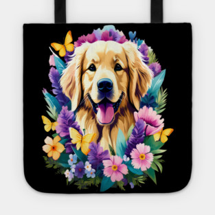 Cute Golden Retriever Surrounded by Beautiful Flowers Tote