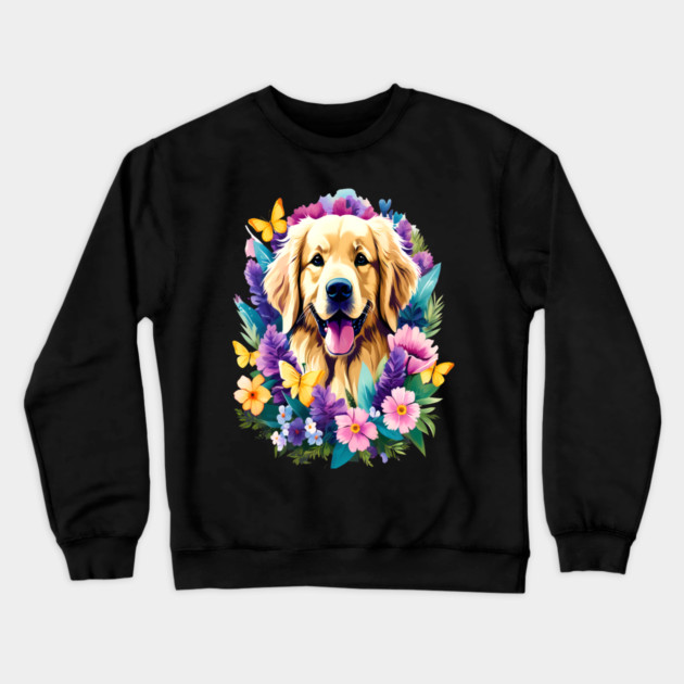 Cute Golden Retriever Surrounded by Beautiful Flowers Crewneck Sweatshirt by BirdsnStuff