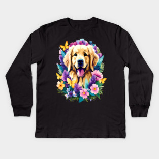Cute Golden Retriever Surrounded by Beautiful Flowers Kids Long Sleeve T-Shirt