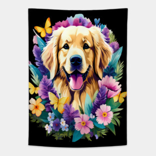 Cute Golden Retriever Surrounded by Beautiful Flowers Tapestry