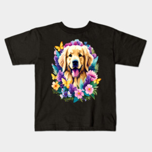 Cute Golden Retriever Surrounded by Beautiful Flowers Kids T-Shirt