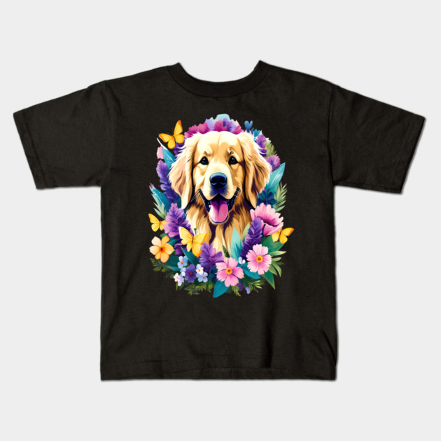 Cute Golden Retriever Surrounded by Beautiful Flowers Kids T-Shirt by BirdsnStuff