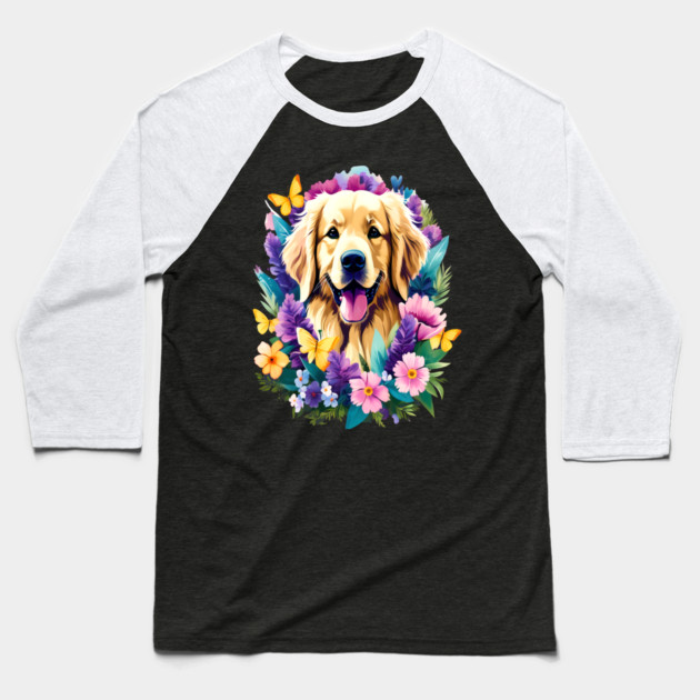 Cute Golden Retriever Surrounded by Beautiful Flowers Baseball T-Shirt by BirdsnStuff
