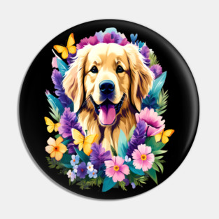 Cute Golden Retriever Surrounded by Beautiful Flowers Pin