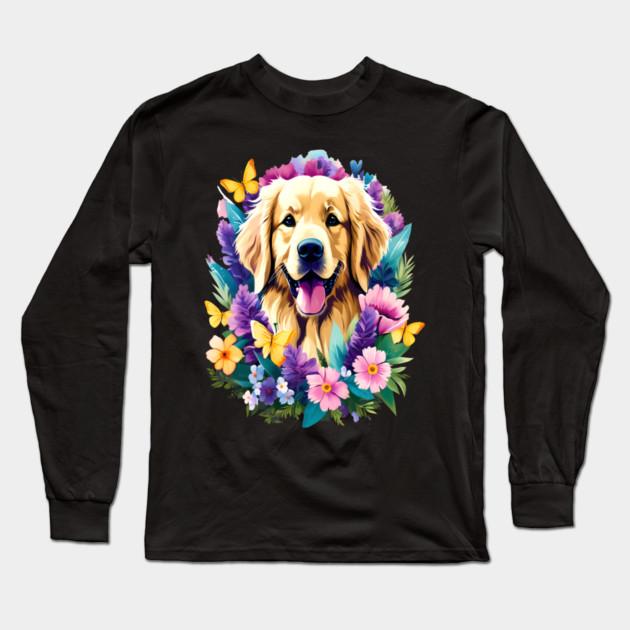 Cute Golden Retriever Surrounded by Beautiful Flowers Long Sleeve T-Shirt by BirdsnStuff