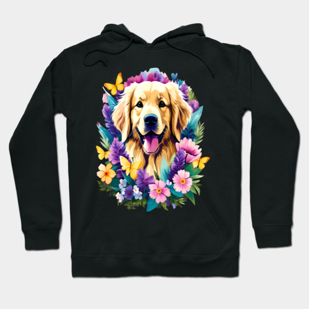 Cute Golden Retriever Surrounded by Beautiful Flowers Hoodie by BirdsnStuff