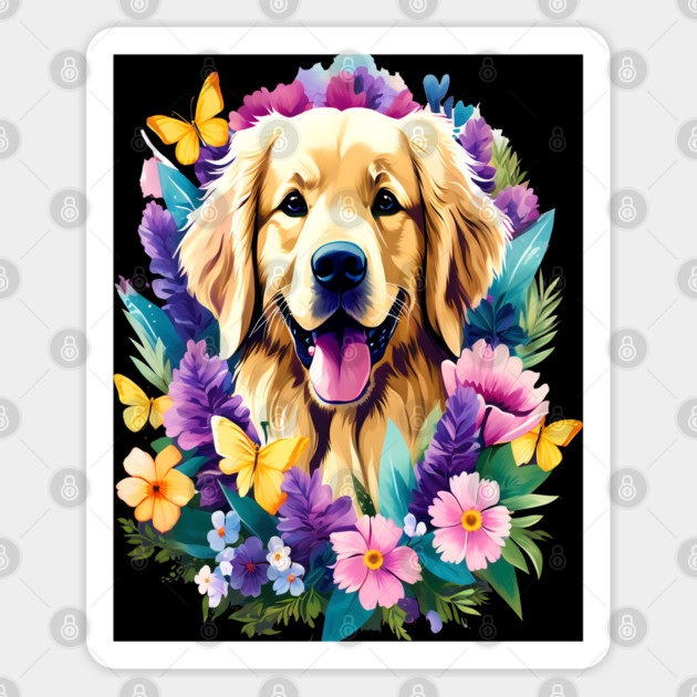Cute Golden Retriever Surrounded by Beautiful Flowers Sticker by BirdsnStuff
