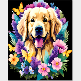 Cute Golden Retriever Surrounded by Beautiful Flowers Posters and Art