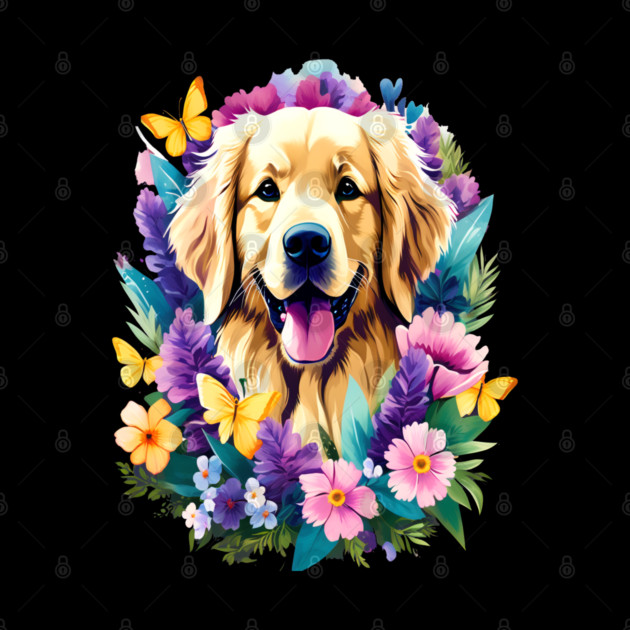 Cute Golden Retriever Surrounded by Beautiful Flowers by BirdsnStuff