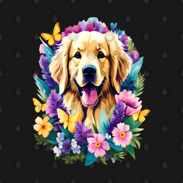Cute Golden Retriever Surrounded by Beautiful Flowers by BirdsnStuff