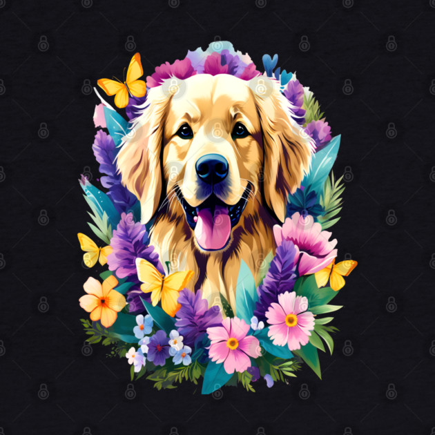 Cute Golden Retriever Surrounded by Beautiful Flowers by BirdsnStuff