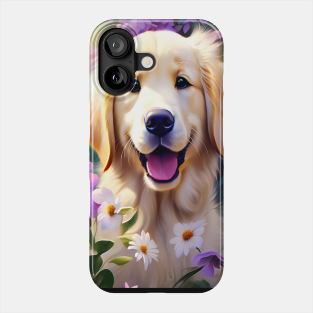 Cute Golden Retriever Surrounded by Beautiful Flowers Phone Case by BirdsnStuff