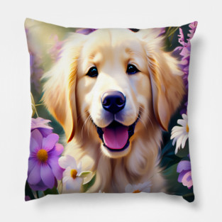 Cute Golden Retriever Surrounded by Beautiful Flowers Pillow