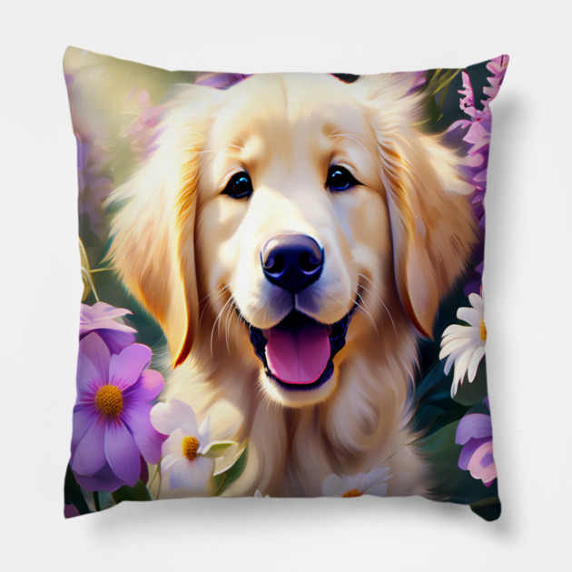 Cute Golden Retriever Surrounded by Beautiful Flowers Pillow by BirdsnStuff