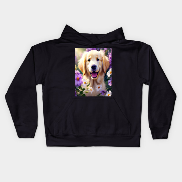 Cute Golden Retriever Surrounded by Beautiful Flowers Kids Hoodie by BirdsnStuff
