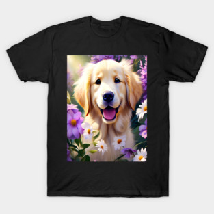 Cute Golden Retriever Surrounded by Beautiful Flowers T-Shirt
