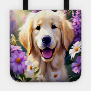 Cute Golden Retriever Surrounded by Beautiful Flowers Tote