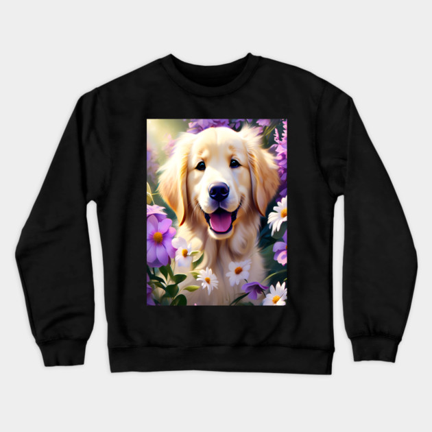 Cute Golden Retriever Surrounded by Beautiful Flowers Crewneck Sweatshirt by BirdsnStuff