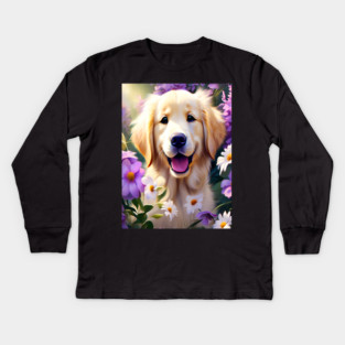 Cute Golden Retriever Surrounded by Beautiful Flowers Kids Long Sleeve T-Shirt
