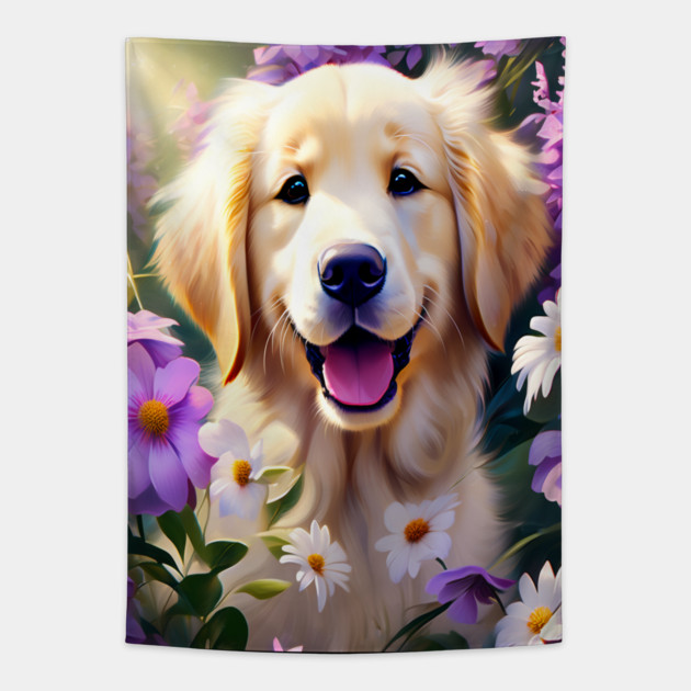 Cute Golden Retriever Surrounded by Beautiful Flowers Tapestry by BirdsnStuff