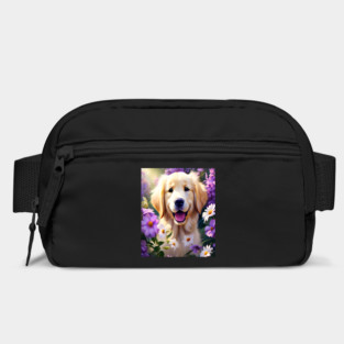 Cute Golden Retriever Surrounded by Beautiful Flowers Bag