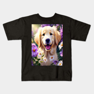Cute Golden Retriever Surrounded by Beautiful Flowers Kids T-Shirt