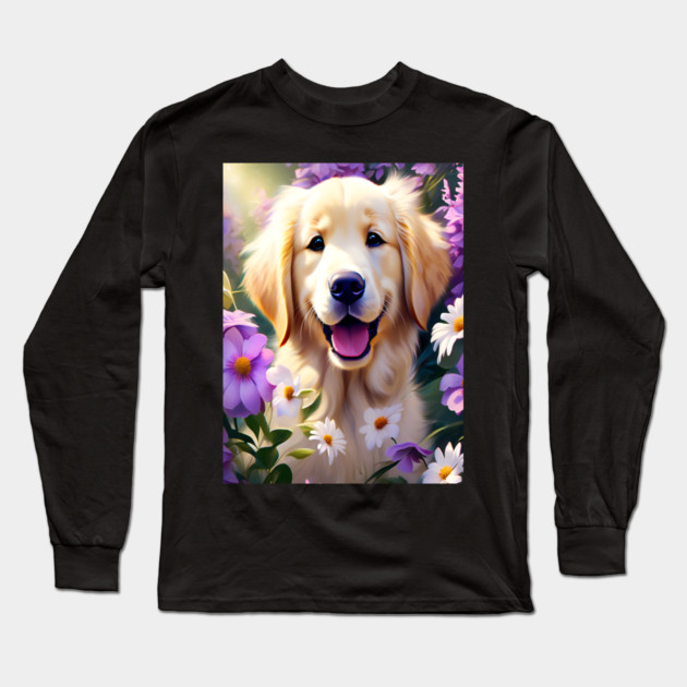 Cute Golden Retriever Surrounded by Beautiful Flowers Long Sleeve T-Shirt by BirdsnStuff
