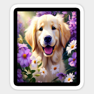 Cute Golden Retriever Surrounded by Beautiful Flowers Sticker