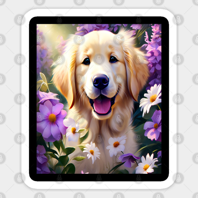 Cute Golden Retriever Surrounded by Beautiful Flowers Sticker by BirdsnStuff