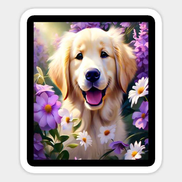 Cute Golden Retriever Surrounded by Beautiful Flowers Magnet by BirdsnStuff