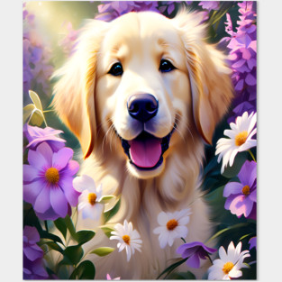 Cute Golden Retriever Surrounded by Beautiful Flowers Posters and Art