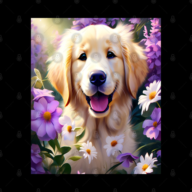 Cute Golden Retriever Surrounded by Beautiful Flowers by BirdsnStuff