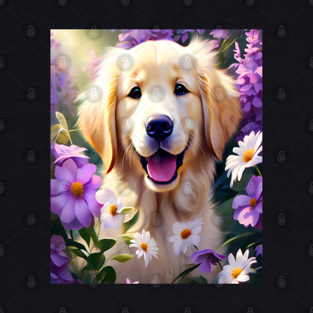 Cute Golden Retriever Surrounded by Beautiful Flowers by BirdsnStuff