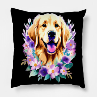 Cute Golden Retriever Surrounded by Beautiful Flowers Pillow