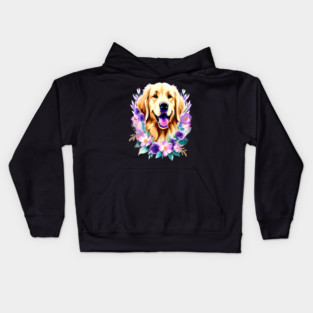Cute Golden Retriever Surrounded by Beautiful Flowers Kids Hoodie