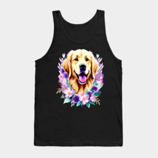 Cute Golden Retriever Surrounded by Beautiful Flowers Tank Top